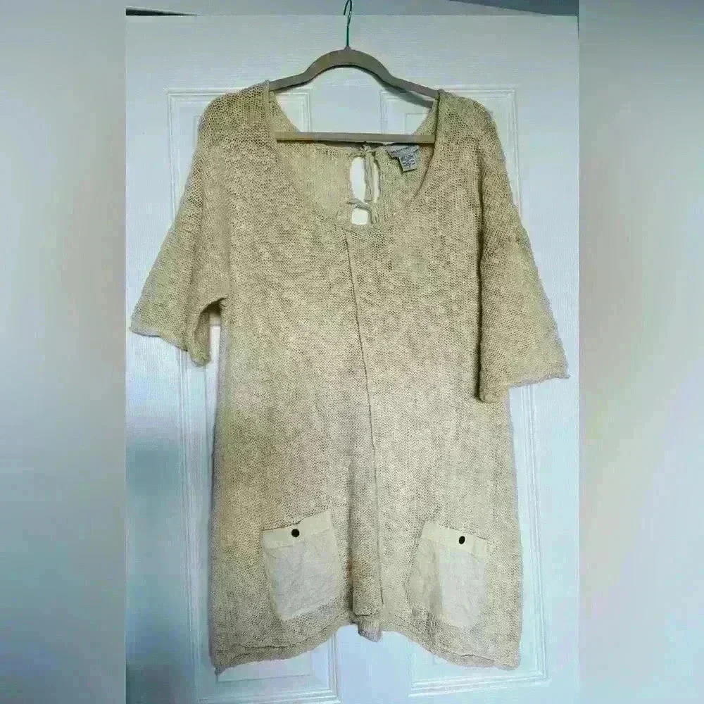 Soft Surroundings Knit Tunic Sweater Womens Size L, Cream NWT Short Sleeve